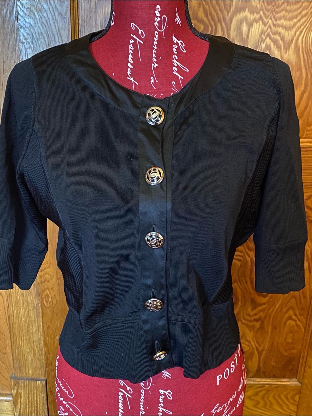 bebe Black Short-Sleeve Button Cardigan with Silver Accent